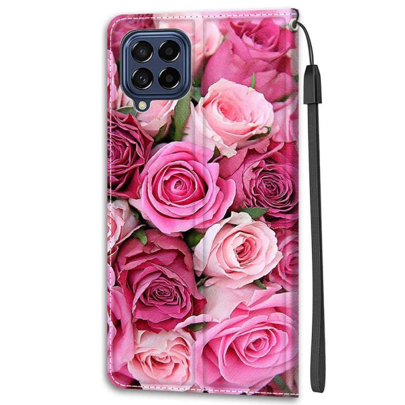 Capa Folio Para Samsung Galaxy M53 5G Rosas Com Cordão