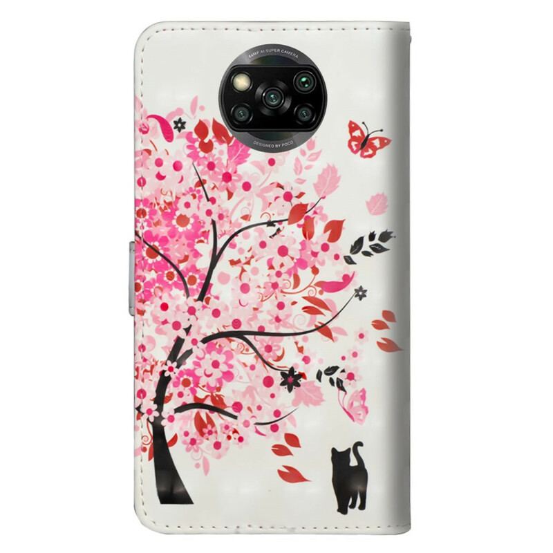 Capa De Couro Para Poco X3 / X3 Pro / X3 NFC Árvore Rosa E Gato Preto