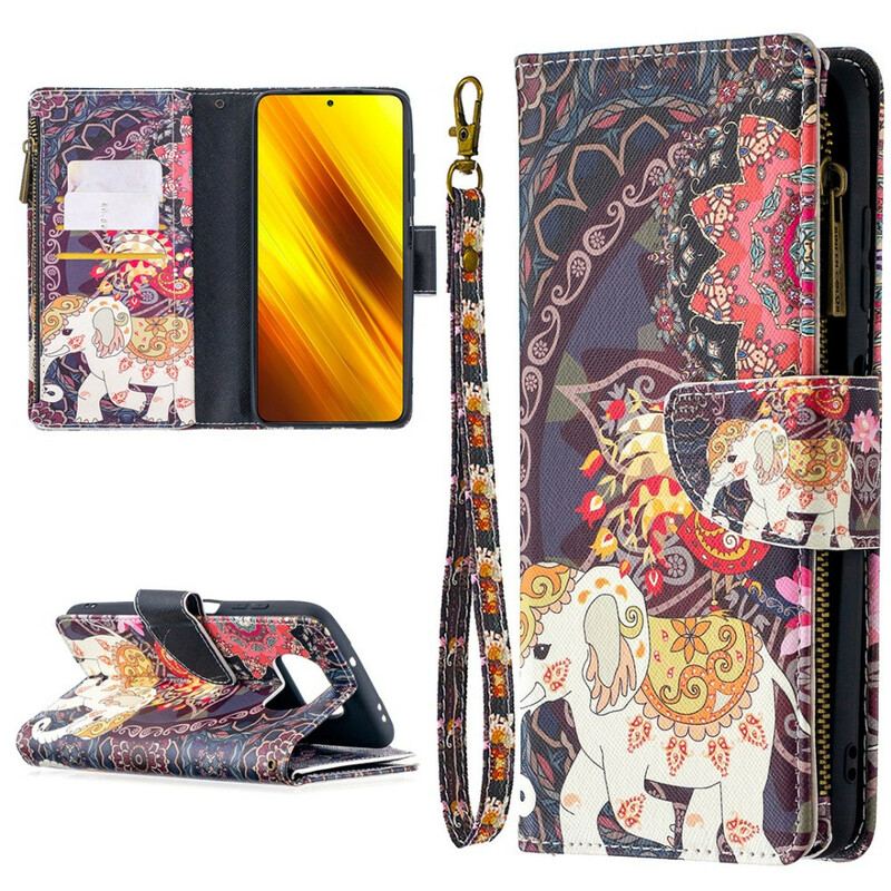 Capa De Couro Para Poco X3 / X3 Pro / X3 NFC Bolso Elefante Com Zíper