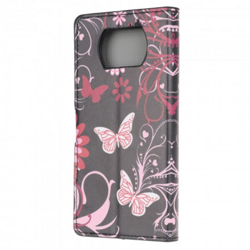 Capa De Couro Para Poco X3 / X3 Pro / X3 NFC Borboletas E Flores