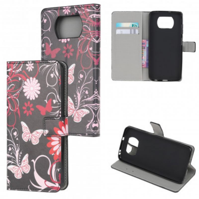 Capa De Couro Para Poco X3 / X3 Pro / X3 NFC Borboletas E Flores