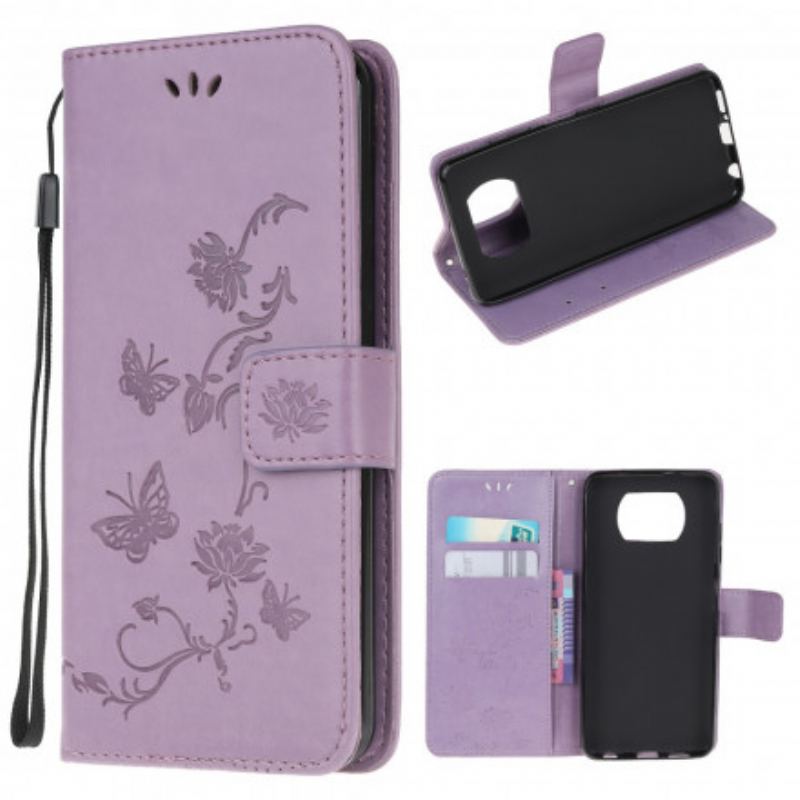 Capa De Couro Para Poco X3 / X3 Pro / X3 NFC Borboletas E Flores Asiáticas