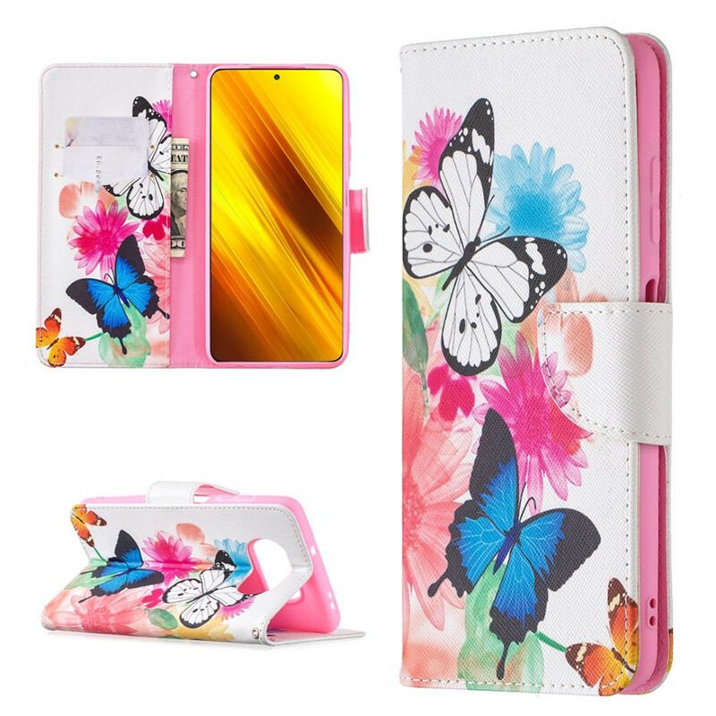 Capa Flip Para Poco X3 / X3 Pro / X3 NFC Borboletas E Flores Pintadas