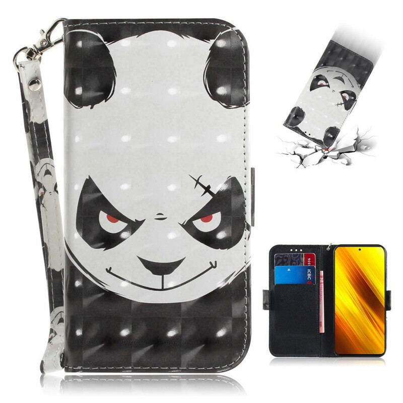 Capa Flip Para Poco X3 / X3 Pro / X3 NFC De Cordão Panda Irritado Com Cordão