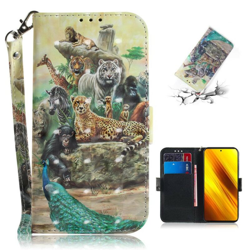 Capa Folio Para Poco X3 / X3 Pro / X3 NFC De Cordão Animais De Safári Tanga