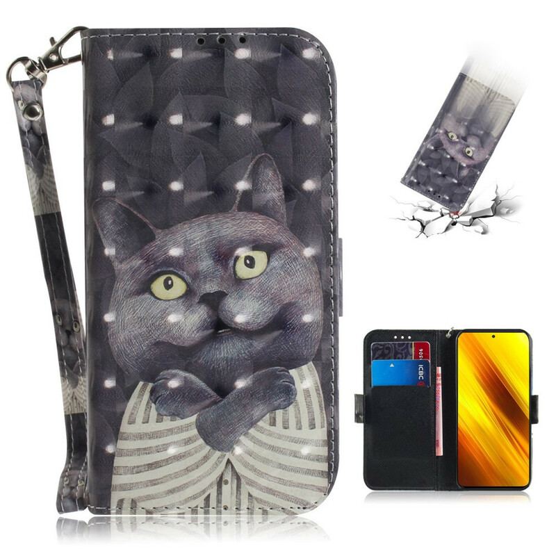 Capa Folio Para Poco X3 / X3 Pro / X3 NFC De Cordão Gato Cinzento Com Alça