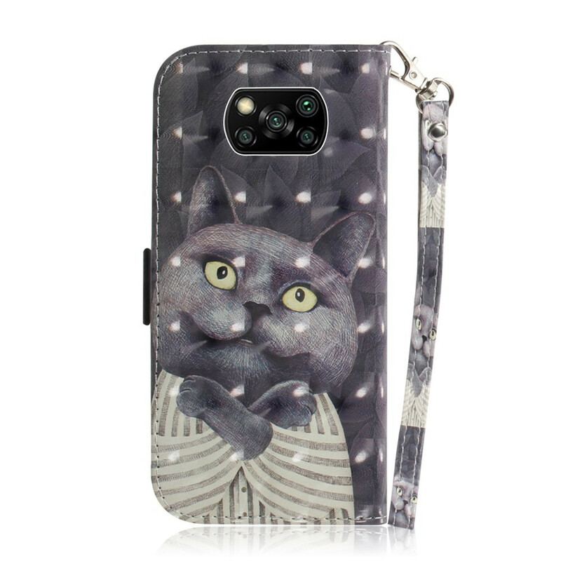 Capa Folio Para Poco X3 / X3 Pro / X3 NFC De Cordão Gato Cinzento Com Alça