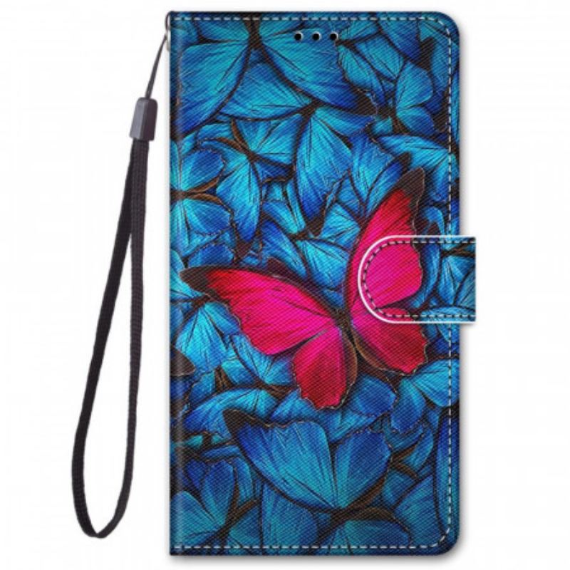 Capa De Couro Para Xiaomi Redmi Note 11 Pro Plus 5G Borboleta Vermelha Fundo Azul