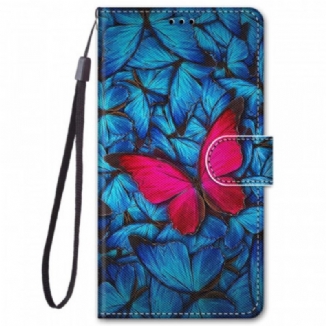 Capa De Couro Para Xiaomi Redmi Note 11 Pro Plus 5G Borboleta Vermelha Fundo Azul