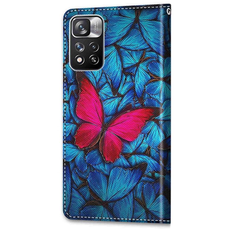 Capa De Couro Para Xiaomi Redmi Note 11 Pro Plus 5G Borboleta Vermelha Fundo Azul