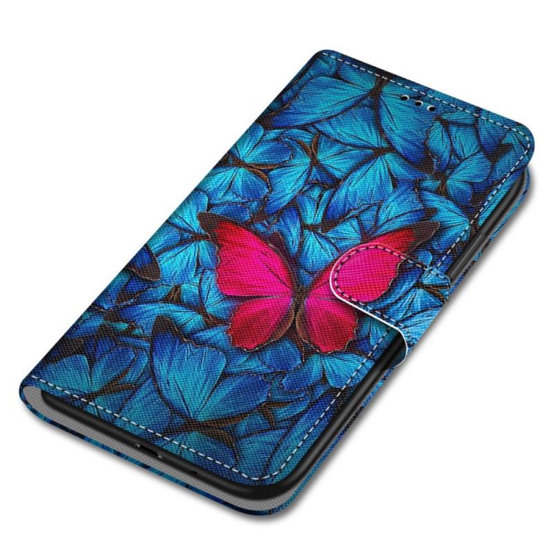 Capa De Couro Para Xiaomi Redmi Note 11 Pro Plus 5G Borboleta Vermelha Fundo Azul