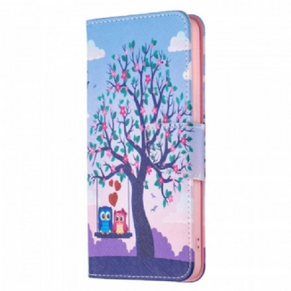 Capa De Couro Para Xiaomi Redmi Note 11 Pro Plus 5G Corujas No Balanço