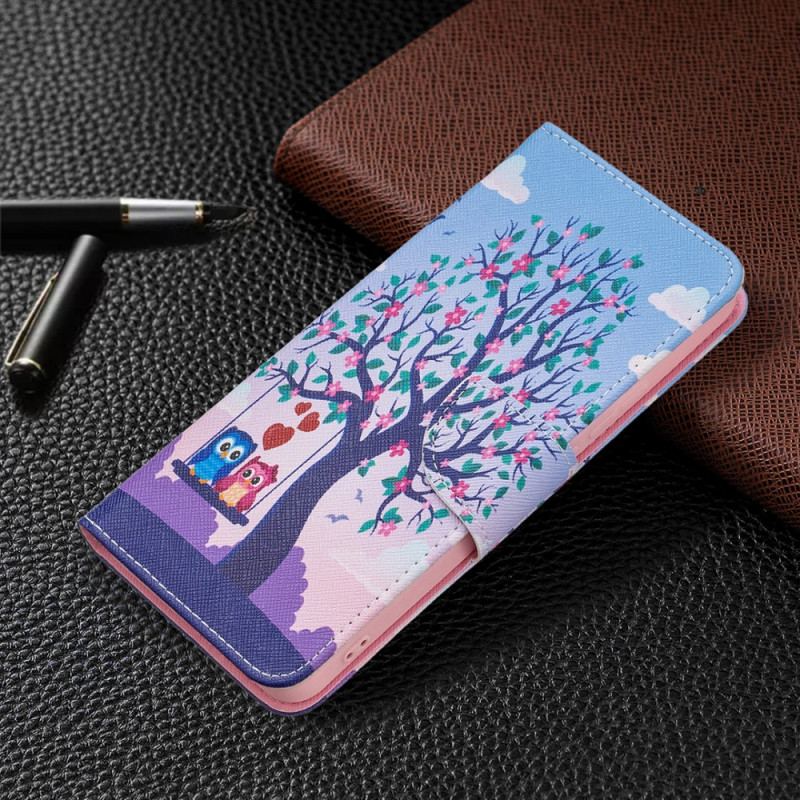 Capa De Couro Para Xiaomi Redmi Note 11 Pro Plus 5G Corujas No Balanço