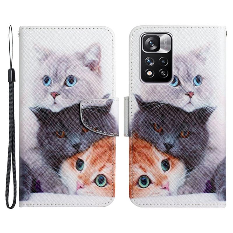 Capa De Couro Para Xiaomi Redmi Note 11 Pro Plus 5G Pilha De Lanyard Cats