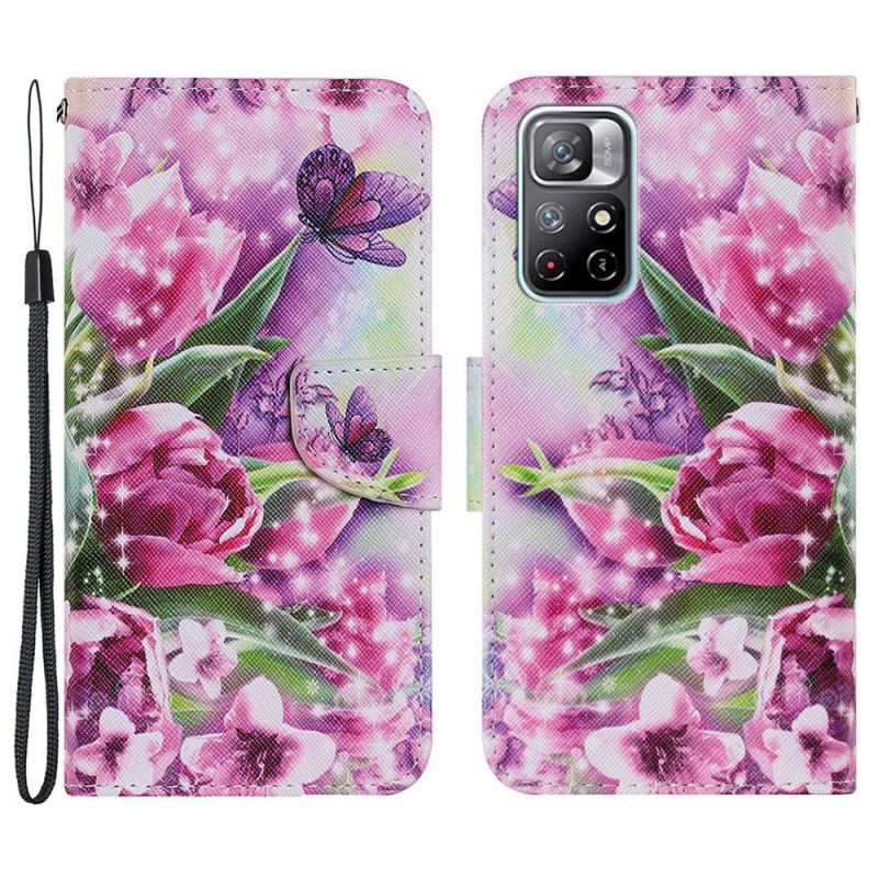 Capa Em Pele Para Xiaomi Redmi Note 11 Pro Plus 5G Borboletas E Tulipas