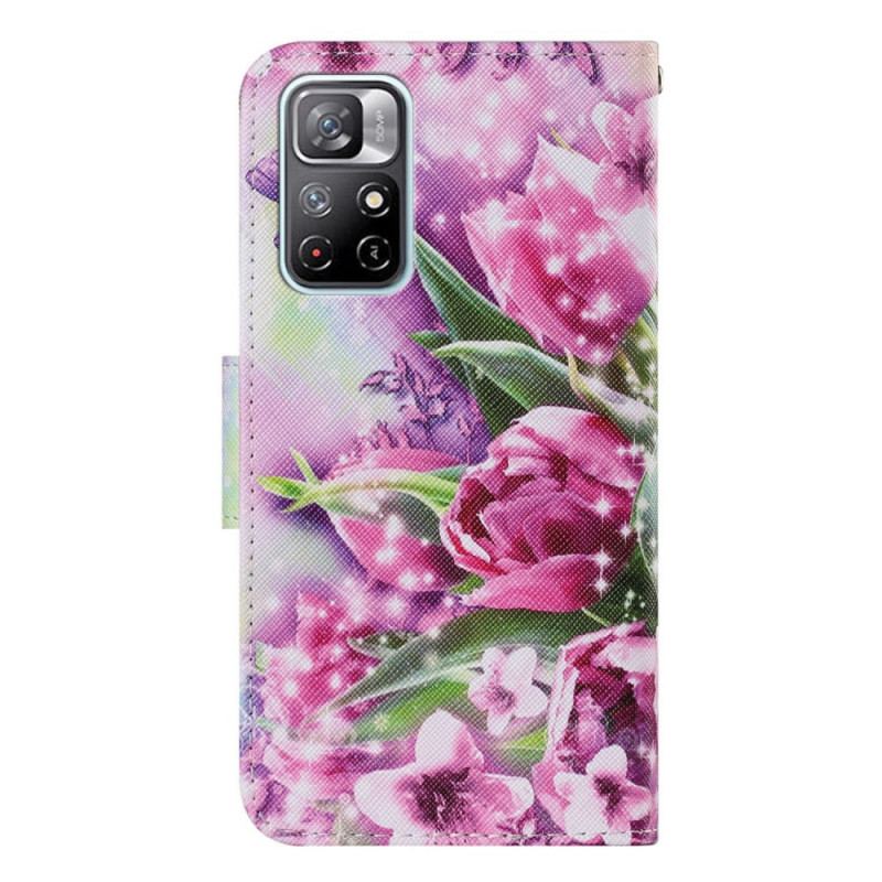 Capa Em Pele Para Xiaomi Redmi Note 11 Pro Plus 5G Borboletas E Tulipas