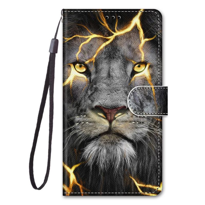 Capa Em Pele Para Xiaomi Redmi Note 11 Pro Plus 5G De Cordão Felino Em Chamas Com Alça