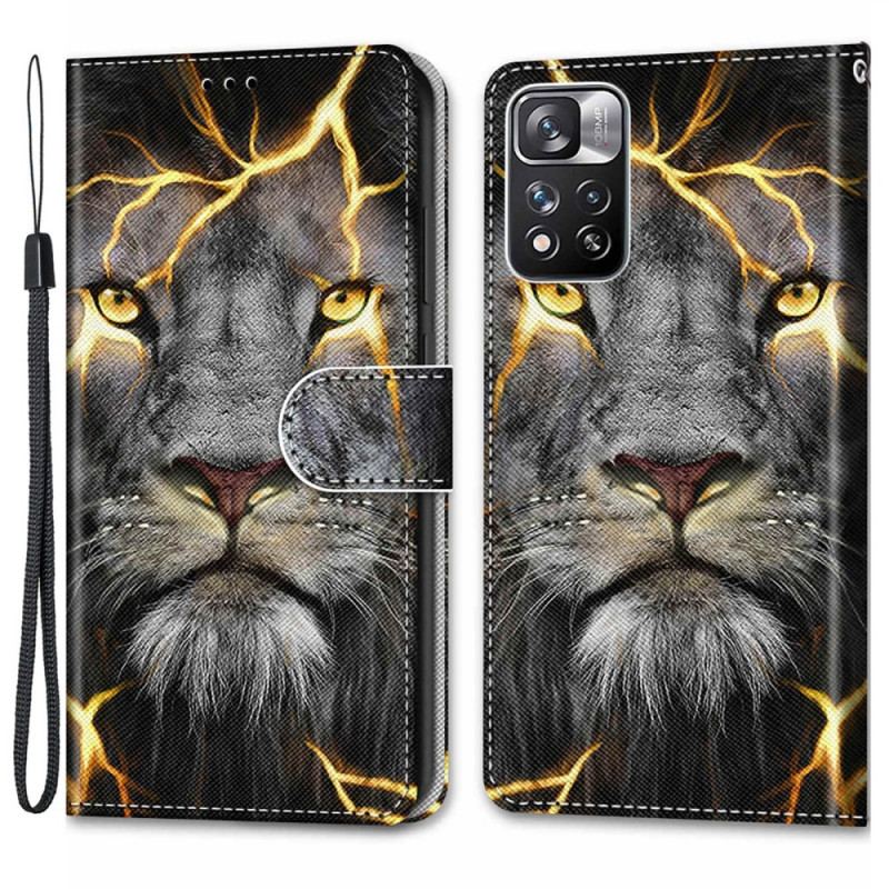 Capa Em Pele Para Xiaomi Redmi Note 11 Pro Plus 5G De Cordão Felino Em Chamas Com Alça