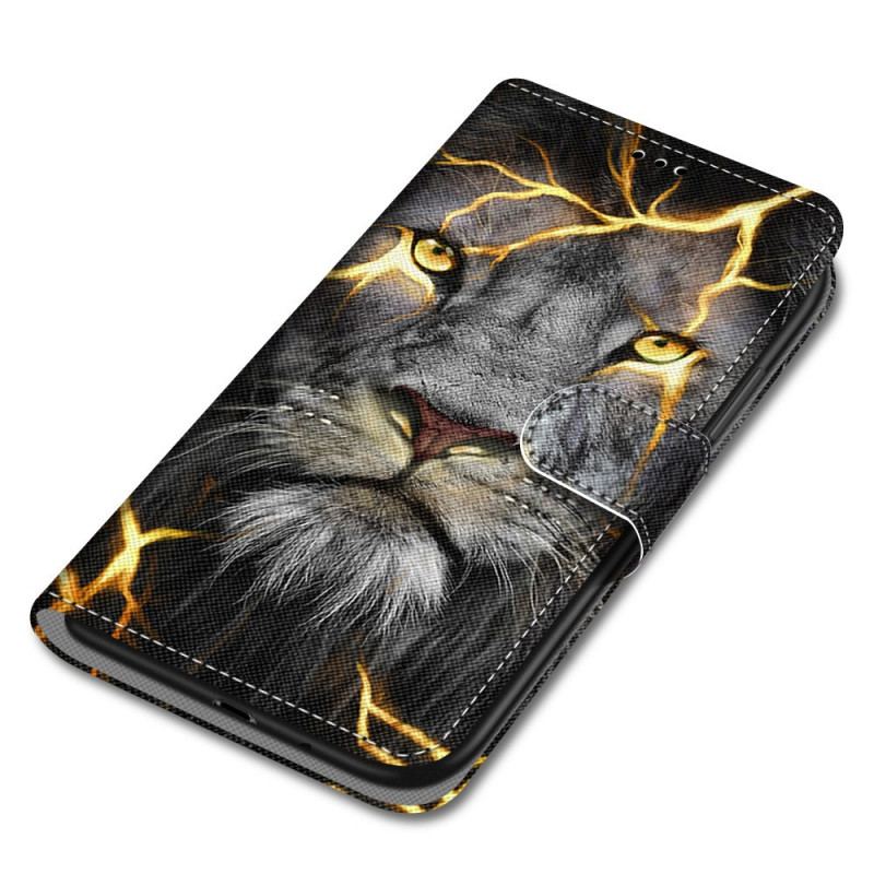 Capa Em Pele Para Xiaomi Redmi Note 11 Pro Plus 5G De Cordão Felino Em Chamas Com Alça