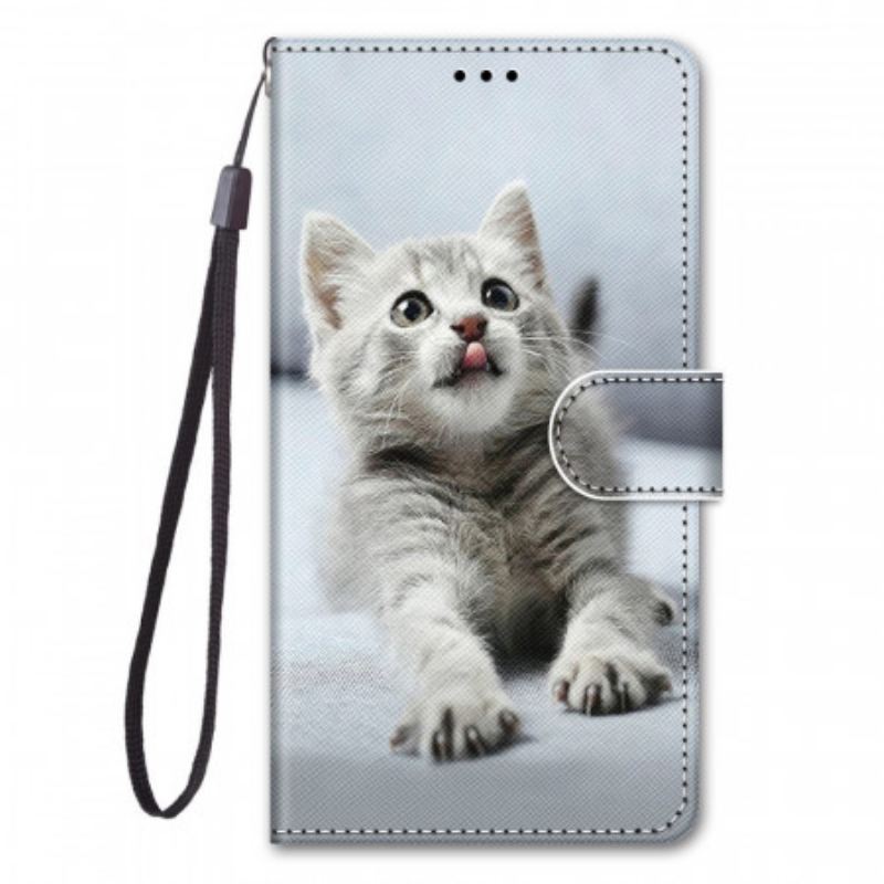 Capa Em Pele Para Xiaomi Redmi Note 11 Pro Plus 5G De Cordão Gatinho Cinza Com Alça