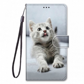 Capa Em Pele Para Xiaomi Redmi Note 11 Pro Plus 5G De Cordão Gatinho Cinza Com Alça