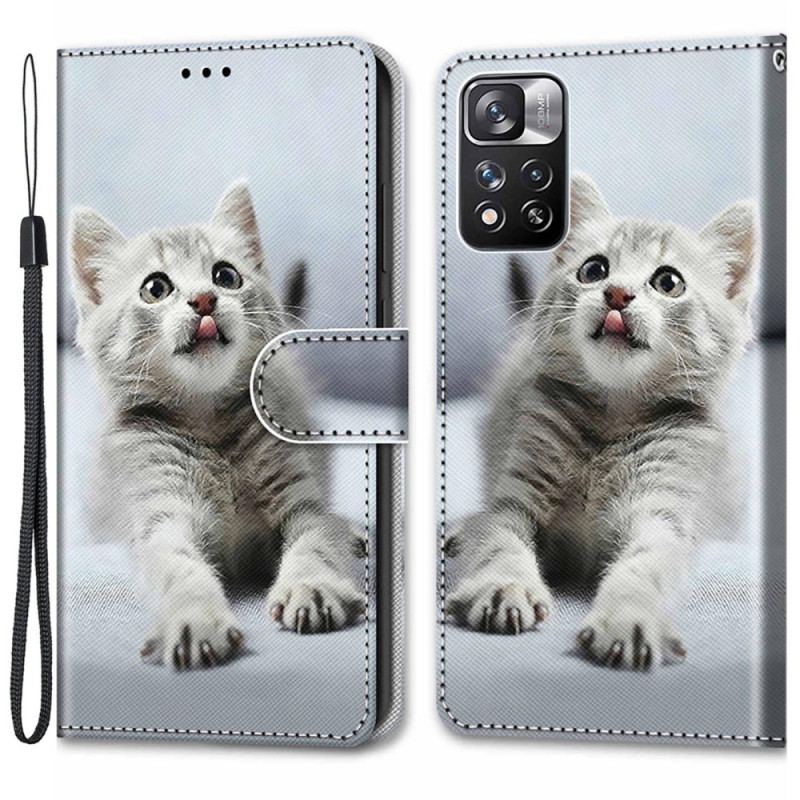 Capa Em Pele Para Xiaomi Redmi Note 11 Pro Plus 5G De Cordão Gatinho Cinza Com Alça