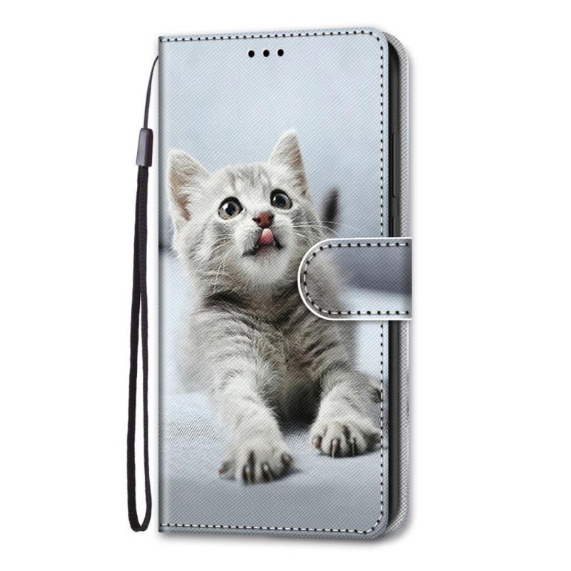 Capa Em Pele Para Xiaomi Redmi Note 11 Pro Plus 5G De Cordão Gatinho Cinza Com Alça