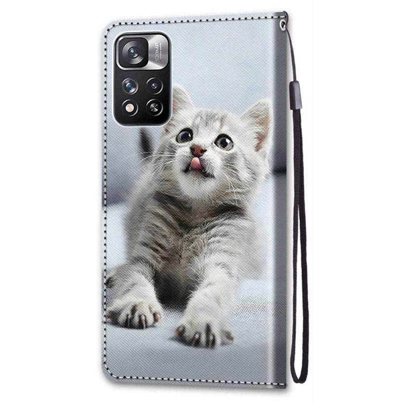 Capa Em Pele Para Xiaomi Redmi Note 11 Pro Plus 5G De Cordão Gatinho Cinza Com Alça