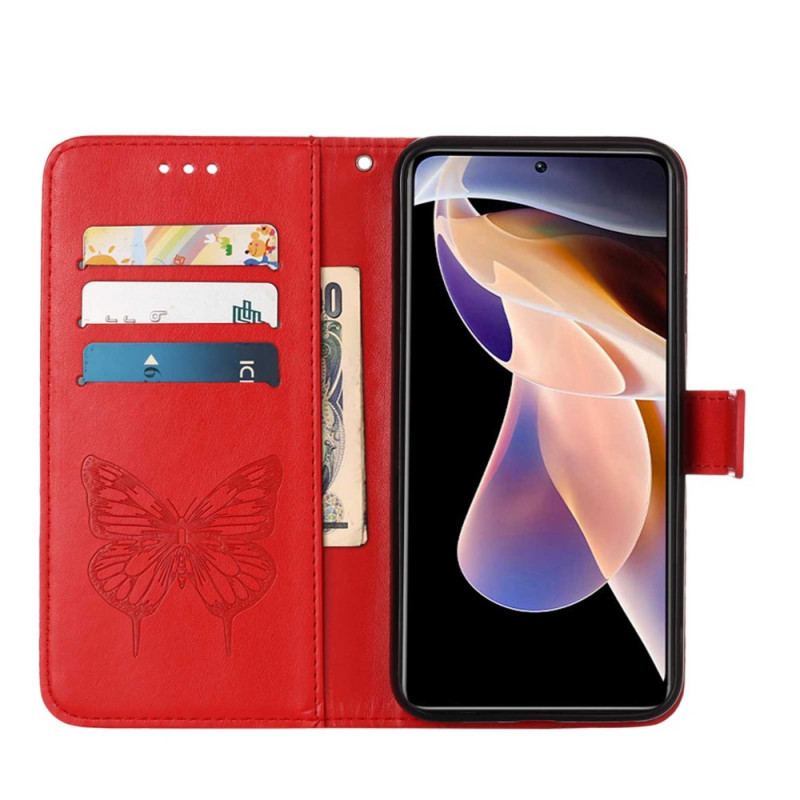 Capa Em Pele Para Xiaomi Redmi Note 11 Pro Plus 5G Design De Borboleta Com Cordão