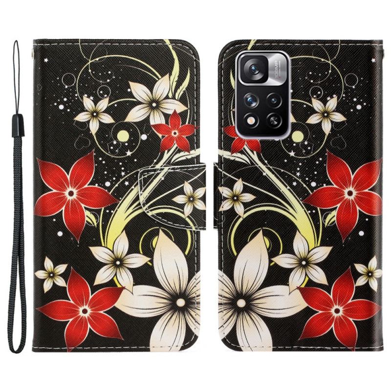 Capa Flip Para Xiaomi Redmi Note 11 Pro Plus 5G De Cordão Flores Coloridas Com Tiras