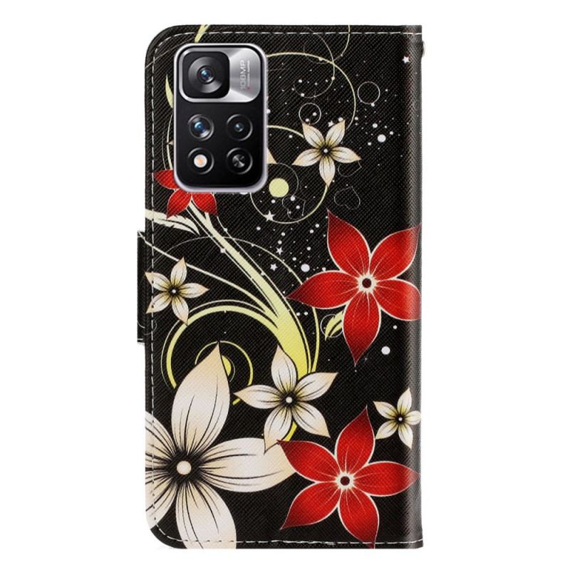 Capa Flip Para Xiaomi Redmi Note 11 Pro Plus 5G De Cordão Flores Coloridas Com Tiras