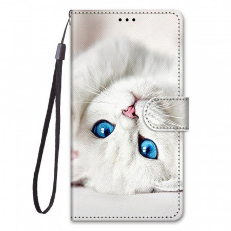 Capa Flip Para Xiaomi Redmi Note 11 Pro Plus 5G De Cordão Gato Branco Com Alça