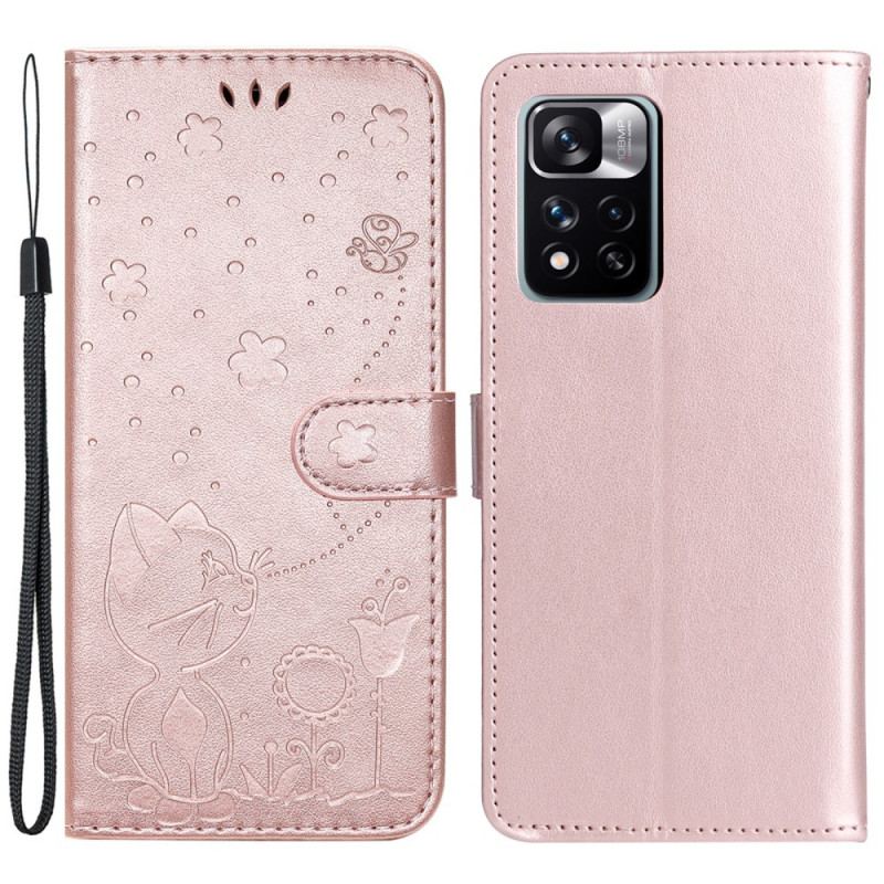 Capa Flip Para Xiaomi Redmi Note 11 Pro Plus 5G De Cordão Strappy Gato E Abelhas