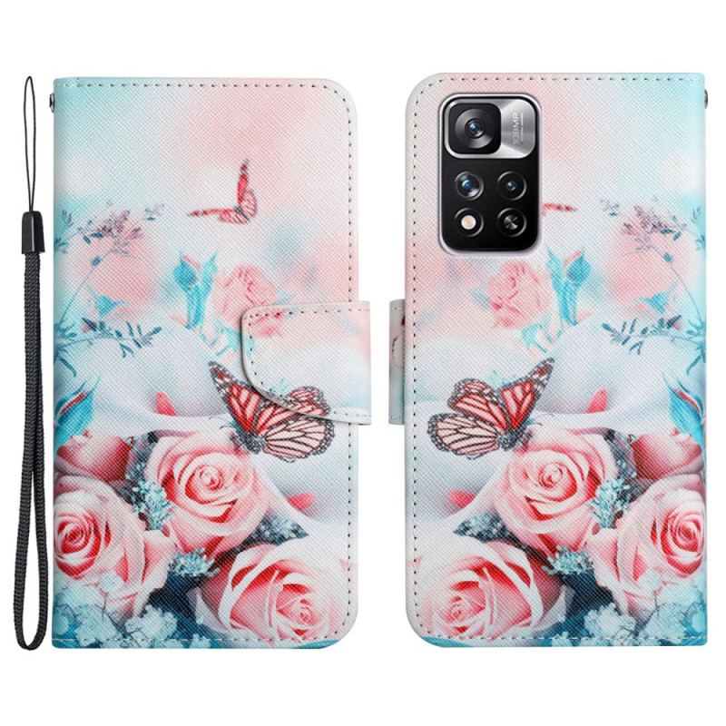 Capa Folio Para Xiaomi Redmi Note 11 Pro Plus 5G Buquê De Flores E Borboletas