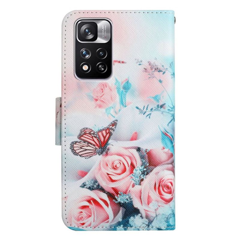 Capa Folio Para Xiaomi Redmi Note 11 Pro Plus 5G Buquê De Flores E Borboletas