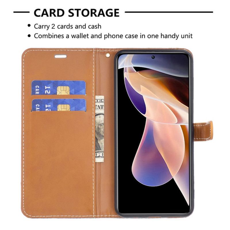 Capa Folio Para Xiaomi Redmi Note 11 Pro Plus 5G De Cordão Correia Efeito Tecido E Couro