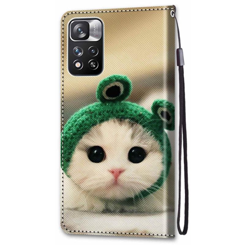 Capa Folio Para Xiaomi Redmi Note 11 Pro Plus 5G De Cordão Gatinho Divertido Com Alça