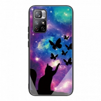 Capa Para Xiaomi Redmi Note 11 Pro Plus 5G Gato De Vidro Temperado E Borboletas No Espaço