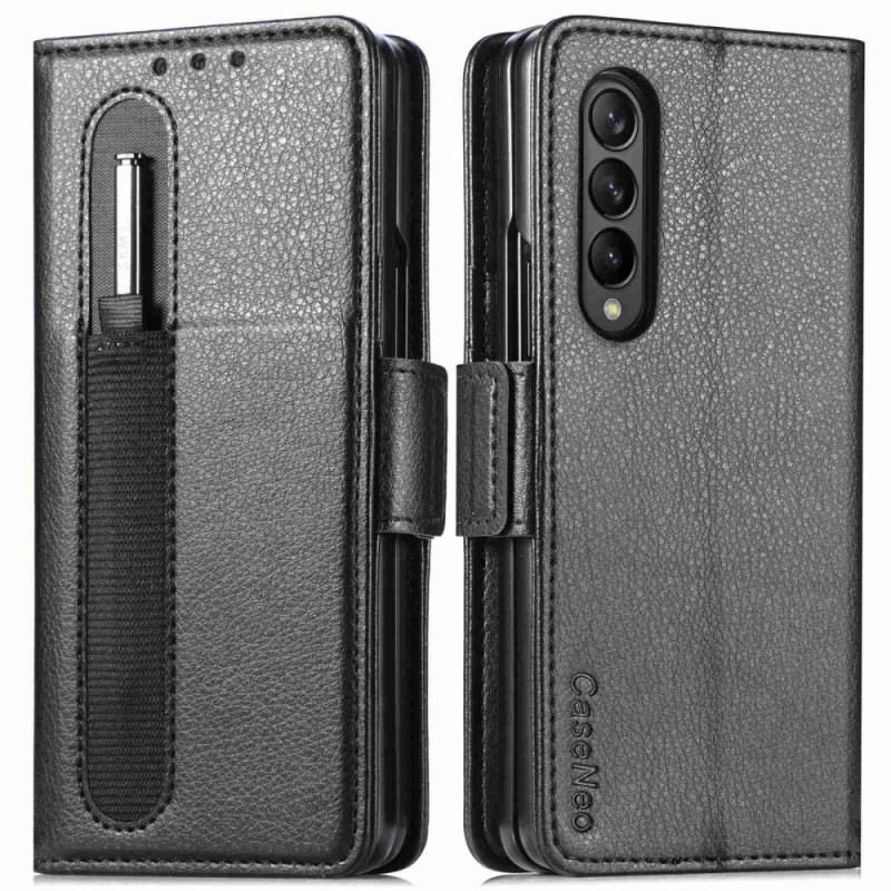 Capa Flip Para Samsung Galaxy Z Fold 4 Compartimento Para Caneta Litchi Couro Sintético Caseneo