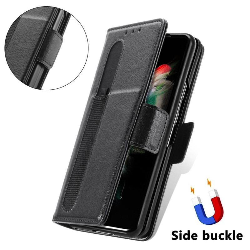 Capa Flip Para Samsung Galaxy Z Fold 4 Compartimento Para Caneta Litchi Couro Sintético Caseneo