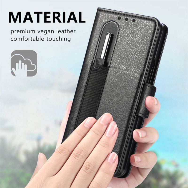 Capa Flip Para Samsung Galaxy Z Fold 4 Compartimento Para Caneta Litchi Couro Sintético Caseneo