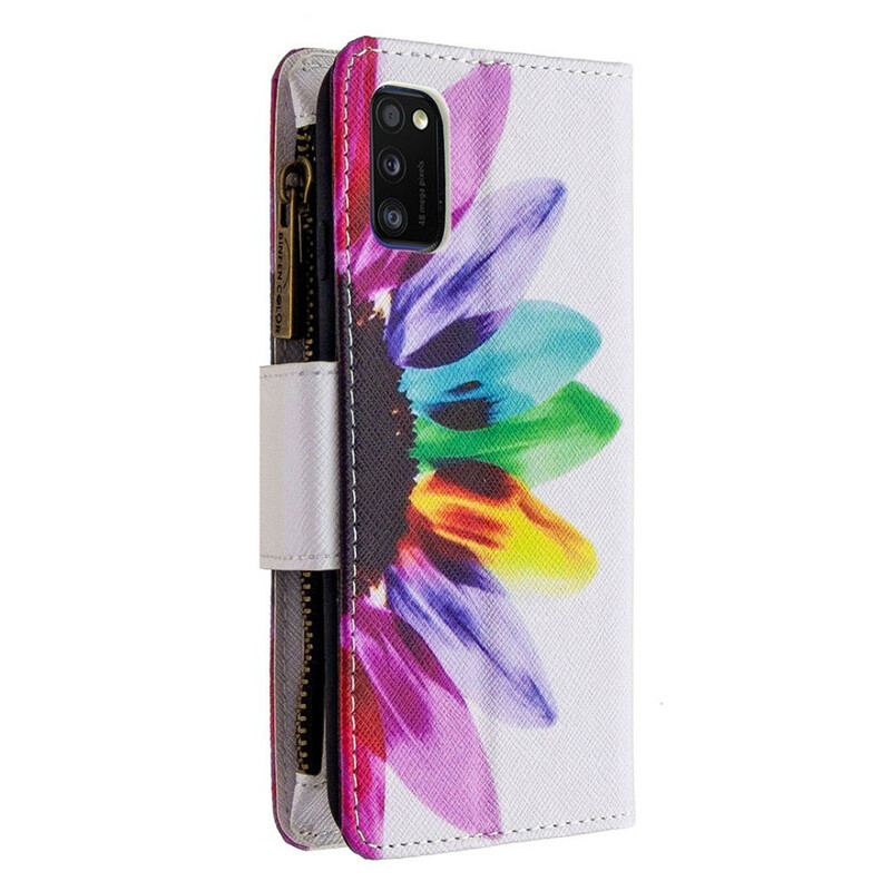 Capa Em Pele Para Samsung Galaxy A41 Bolso Com Zíper Flor