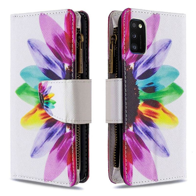 Capa Em Pele Para Samsung Galaxy A41 Bolso Com Zíper Flor