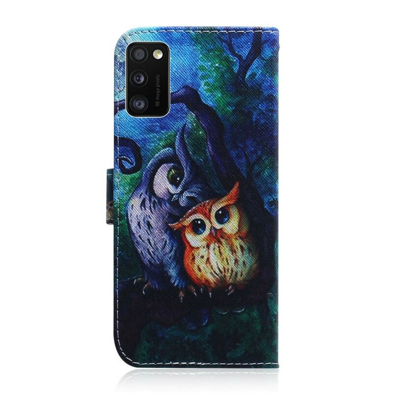 Capa Em Pele Para Samsung Galaxy A41 Pintura De Corujas