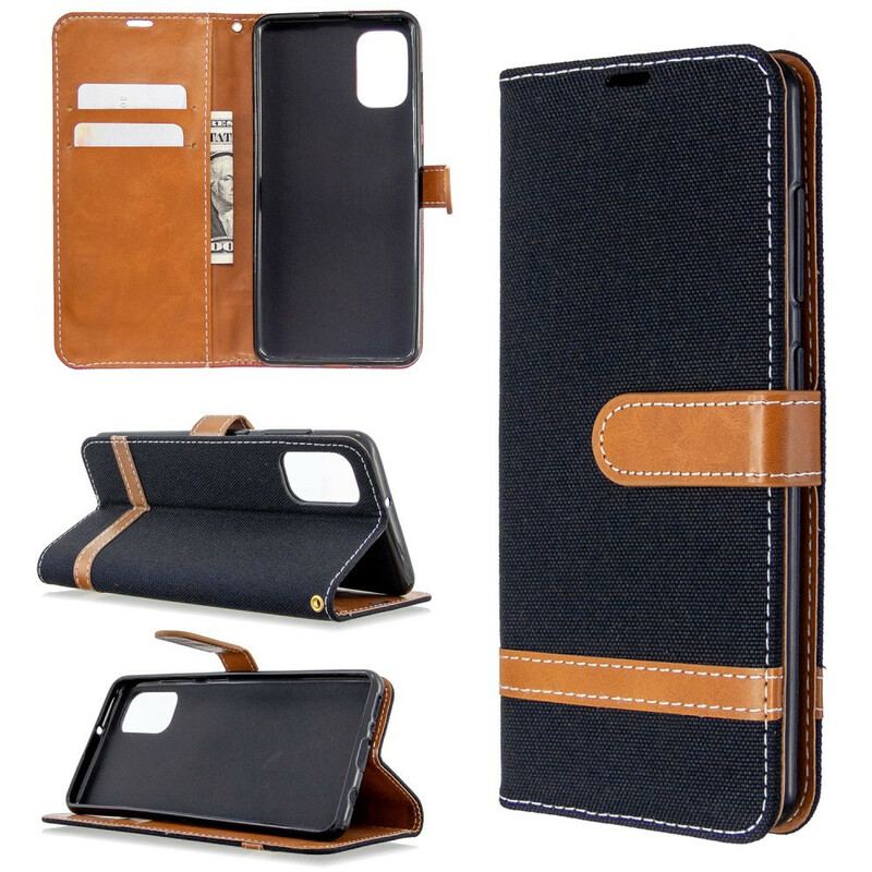 Capa Flip Para Samsung Galaxy A41 De Cordão Correia Efeito Tecido E Couro