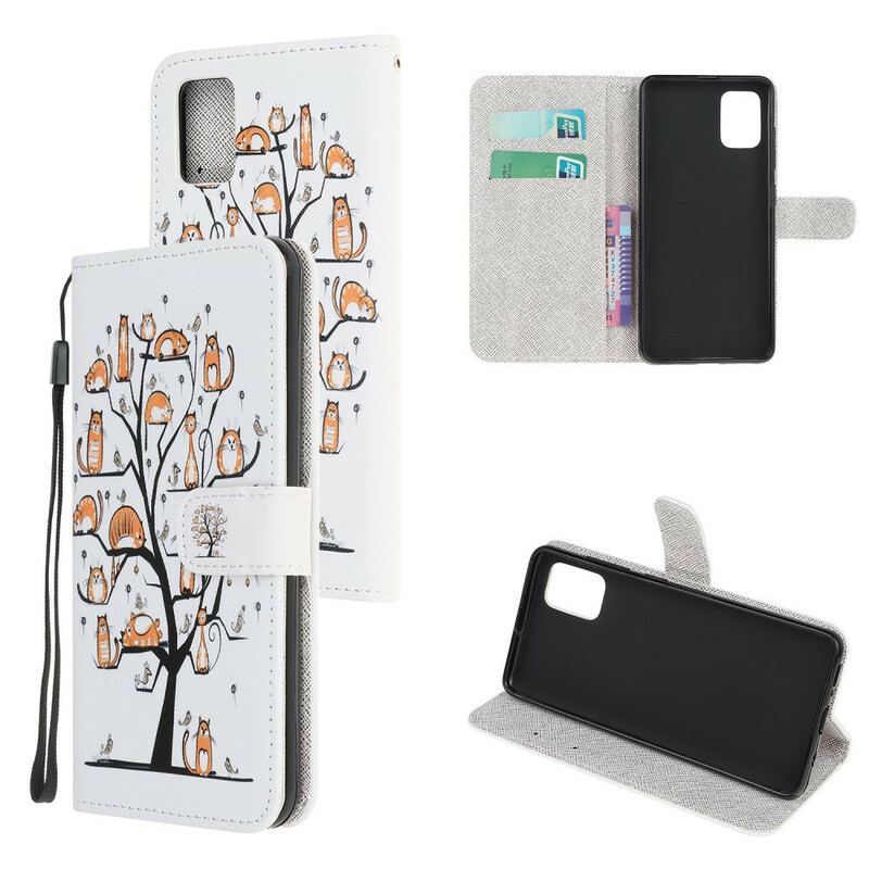 Capa Flip Para Samsung Galaxy A41 De Cordão Gatos Divertidos Com Alça