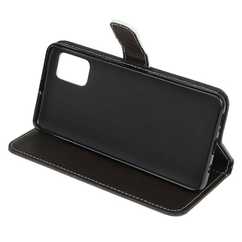 Capa Folio Para Samsung Galaxy A41 De Cordão Olhos De Gato Preto Com Tiras