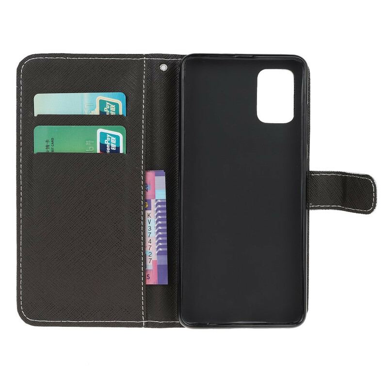 Capa Folio Para Samsung Galaxy A41 De Cordão Olhos De Gato Preto Com Tiras