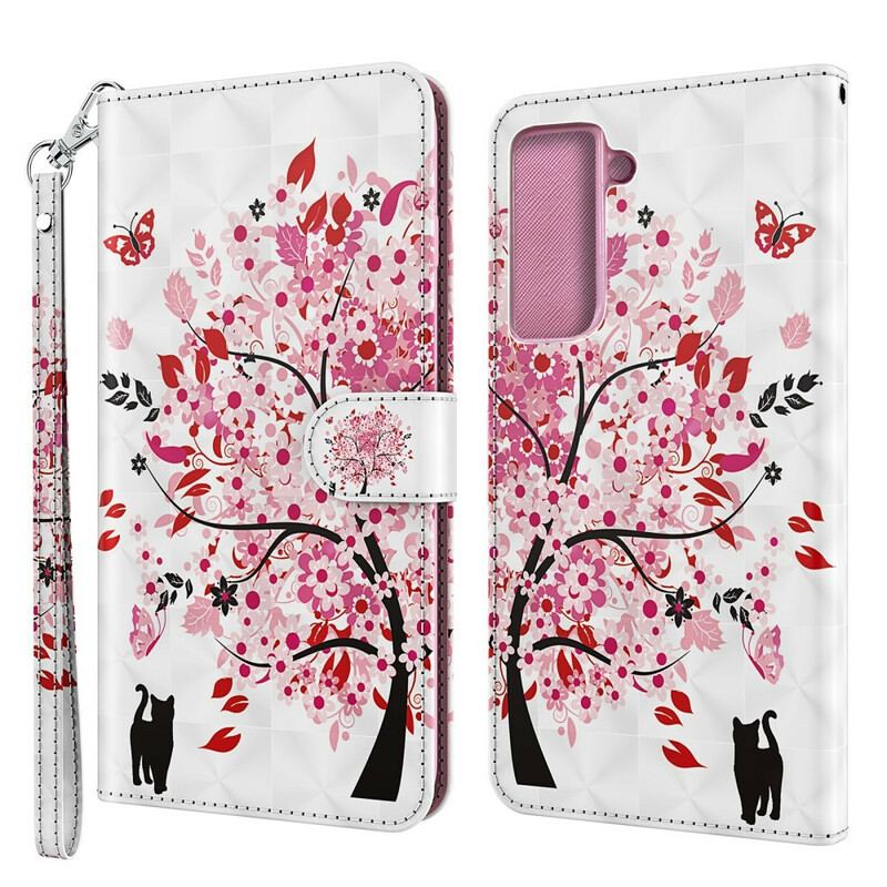 Capa De Couro Para Samsung Galaxy S21 5G Árvore Rosa