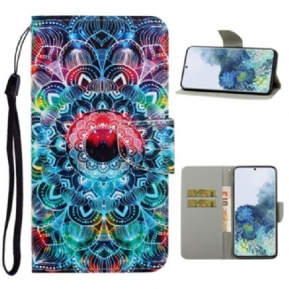 Capa De Couro Para Samsung Galaxy S21 5G De Cordão Mandala De Tiras Chamativas